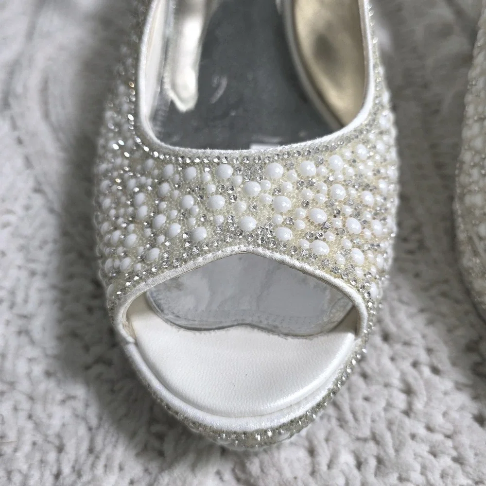 Bridal Smilees Cinderella Faux Pearl Rhinestone Wedge Sandals Heels 40 8.5-9